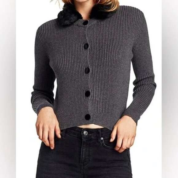 Zara Knit Gray Ribbed Cropped Cardigan With Removable Faux Fur Collar M - Picture 1 of 6